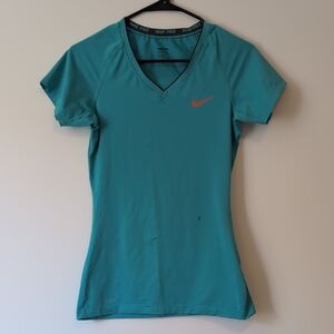 Nike Teal Short-Sleeve V-Neck Performance Tee with Orange Swoosh
